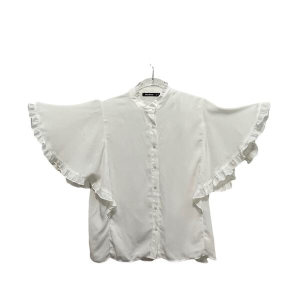 BooHoo Blouse Top Flutter Sleeve White Ruffle Romantic High Neck Women's Size 8 - Picture 1 of 16
